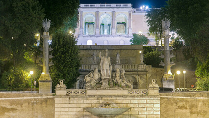 Fountain of Dea Roma timelapse in Piazza del Popolo with Pincio terrace in the background