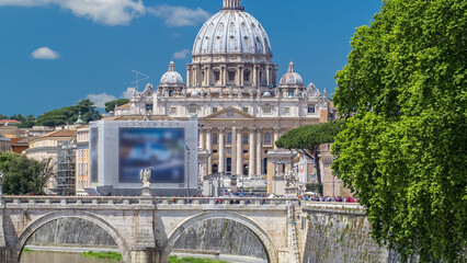 View of Saint Peter cathedral timelapse and bridge Saint Angel, Rome, Italy