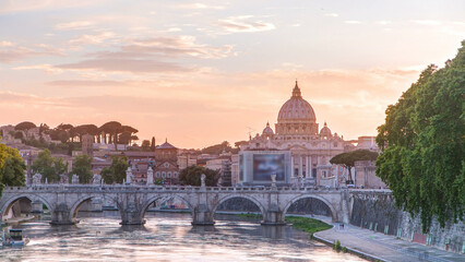Fototapeta na wymiar St. Peter's Basilica, Saint Angelo Bridge and Tiber River in the sunset timelapse