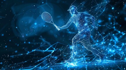 technology in tennis sports, digital blue low poly tennis player with glowing data streams, ai in sports analytics, player performance tracking systems, training programs for tennis athletes. 