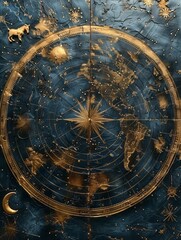 Celestial Zodiac Splendor: Dark Blue Background with Gold Astrological Zodiac Items and Symbols