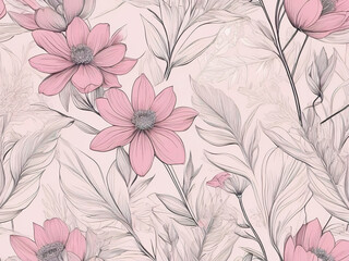 Seamless Pattern botany pink flower beautiful leaf. 