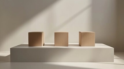 Three boxes are sitting on a white pedestal, with the sun shining on them