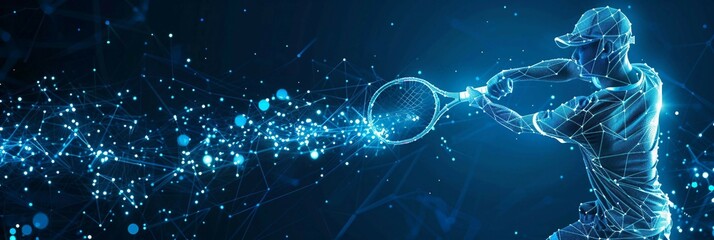 technology in tennis sports, digital blue low poly tennis player with glowing data streams, ai in sports analytics, player performance tracking systems, training programs for tennis athletes. 
