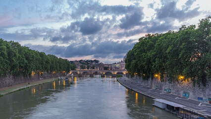 St. Peter's Basilica, Saint Angelo Bridge and Tiber River after the sunset day to night timelapse...