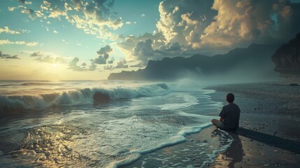 A man sits on the beach, looking out at the ocean