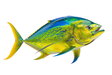 A vibrant blue and yellow fish elegantly swims against a clean white background