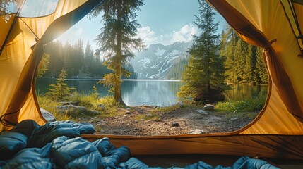 A tent with a view of a lake and mountains
