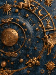 Celestial Zodiac Splendor: Dark Blue Background with Gold Astrological Zodiac Items and Symbols