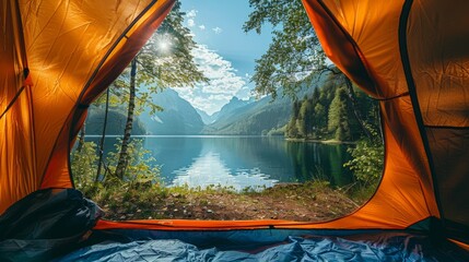 A tent is open to the outdoors, with a view of a lake - obrazy, fototapety, plakaty