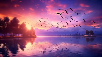 Colorful flock of birds soaring above a tranquil lake at dawn.