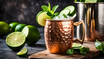 Moscow mule cocktail with lime, mint and cucumber
