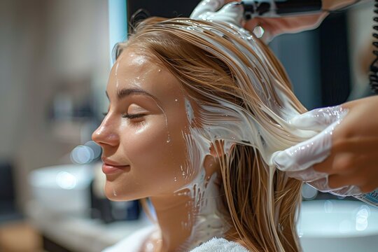 Close-up of a woman enjoying a relaxing hair treatment with shampoo in a hair salon