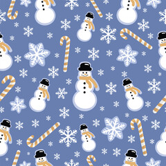 Cute Snowman, snowflakes and Candy Canes seamless pattern Winter and Christmas Texture. Christmas and new year gift wrapping paper design, wallpaper, Textile prints design, card or banner template