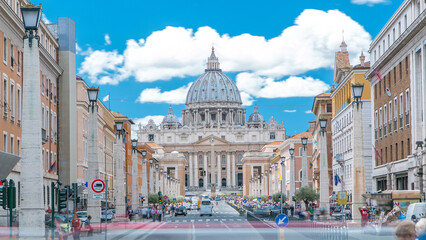 Vatican timelapse: St. Peter's Basilica in Vatican City State view from Via della Conciliazione,...