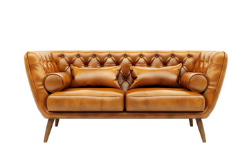 A cozy brown leather couch adorned with two plush pillows