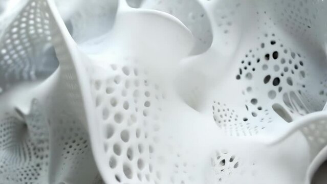 A close-up of a white porous structure with an organic and spongy texture, resembling a natural coral or bone microarchitecture in 3D detail. The disease and phobia of trypophobia.