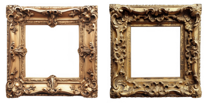 Antique wooden picture frame with golden trim. Old gallery border.