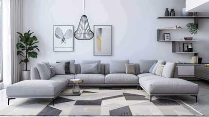 Modern living room with monochromatic theme, sleek furnishings, modular sofa, geometric rug, and statement lighting.