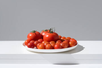 Surtido de tomates maduros dentro de un plato sobre una mesa blanca y fondo gris - obrazy, fototapety, plakaty
