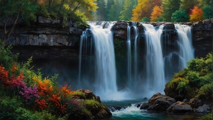 Obraz premium The ethereal beauty of a waterfall painting the landscape with a spectrum of vibrant hues ai_generated
