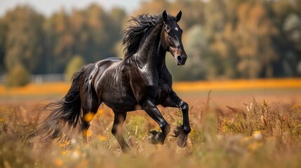 Craft an image capturing the effortless elegance of horses as they gallop with fluidity and poise