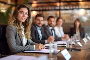 A group of professionally dressed men and women sitting at a meeting table in a well-lit modern office