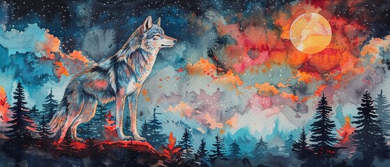 Energetic and serene wolf, hand drawn watercolor in bright pastel colors, night sky with stars, forest setting