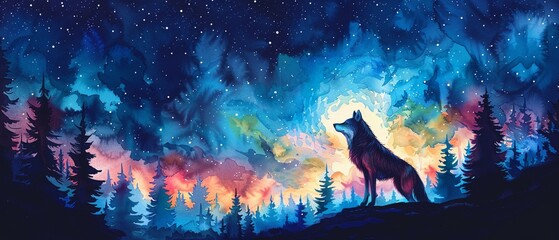 Watercolor hand drawn wolf under a night sky, bright pastel colors, serene forest backdrop