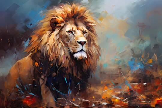 Lion portrait. Oil painting in impressionism style. Horizontal composition.