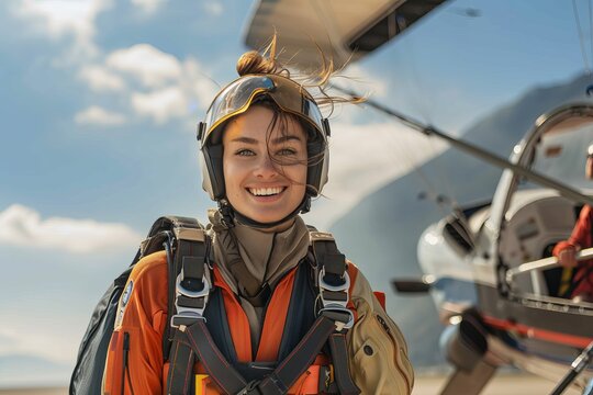 Skydiver wearing a helmet and parachute backpack smiles confidently with a propeller plane and sky background