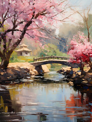 Spring Chinese garden. Oil painting in impressionism style. Vertical composition.