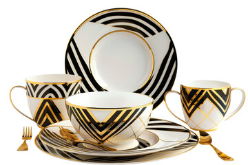 A sophisticated dinner set in black and white, adorned with exquisite gold trimmings
