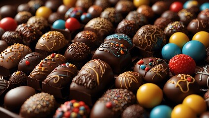 A delectable chocolate paradise transformed into a vibrant cartoon-like world, each confection a burst of playful delight ai_generated