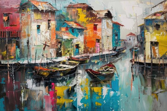 Village painting art transportation.