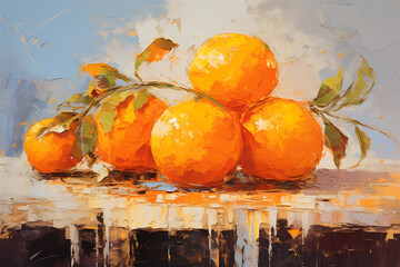 Still life in orange tones. Oil painting in impressionism style. Horizontal composition.