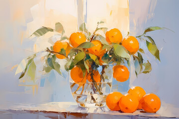 Still life in orange tones. Oil painting in impressionism style. Horizontal composition.