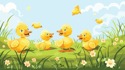 Cute ducklings on green grass Vector illustration. vector
