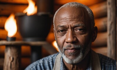 Close-up portrait of bald and bearded african american senior man in log cabin
