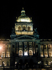 The Neoclassical building of the Czech National Museum, illuminated at night, situated in Wencelas Square in the New Town of Prague, Czech Republic,