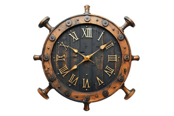 A clock with intricate Roman numerals set against a crisp white background