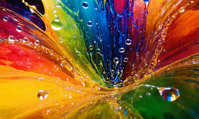 Bright abstract colorful liquid background with drops, splash and bubbles
