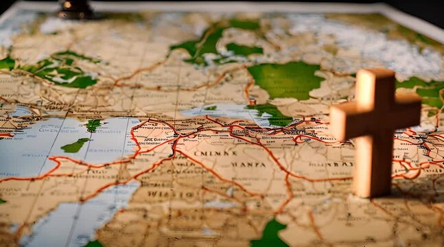 Global Missionary Work Depicted by a Wooden Cross on the World Map