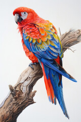 Fototapeta premium A brightly colored bird perched gracefully on a tree branch, showcasing its vibrant feathers against the green foliage