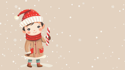 Cute little boy in winter clothes and with candy cane