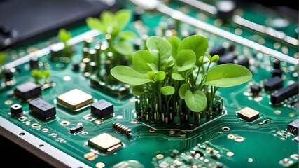 Verdant flora flourishing on a computer circuit board IT that is environmentally sustainable and integrates technology with nature