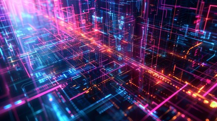 Neon circuitry grid illuminating the virtual space of cyber connectivity and data flow. Abstract Technology Background