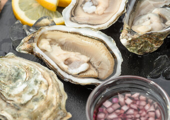 Opened raw oysters with sauce and lemon slices on gray stone serving board. Delicacy food.