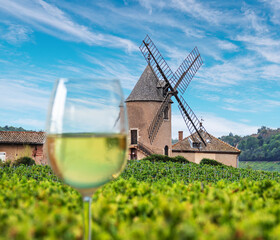 Obraz premium Blurred glass of white wine on foreground and the eponymous windmill of famous french red wine at the background. Romanèche-Thorins.