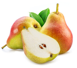 Ripe pears with green leaf and cross section of pear with seeds isolated on white background.
